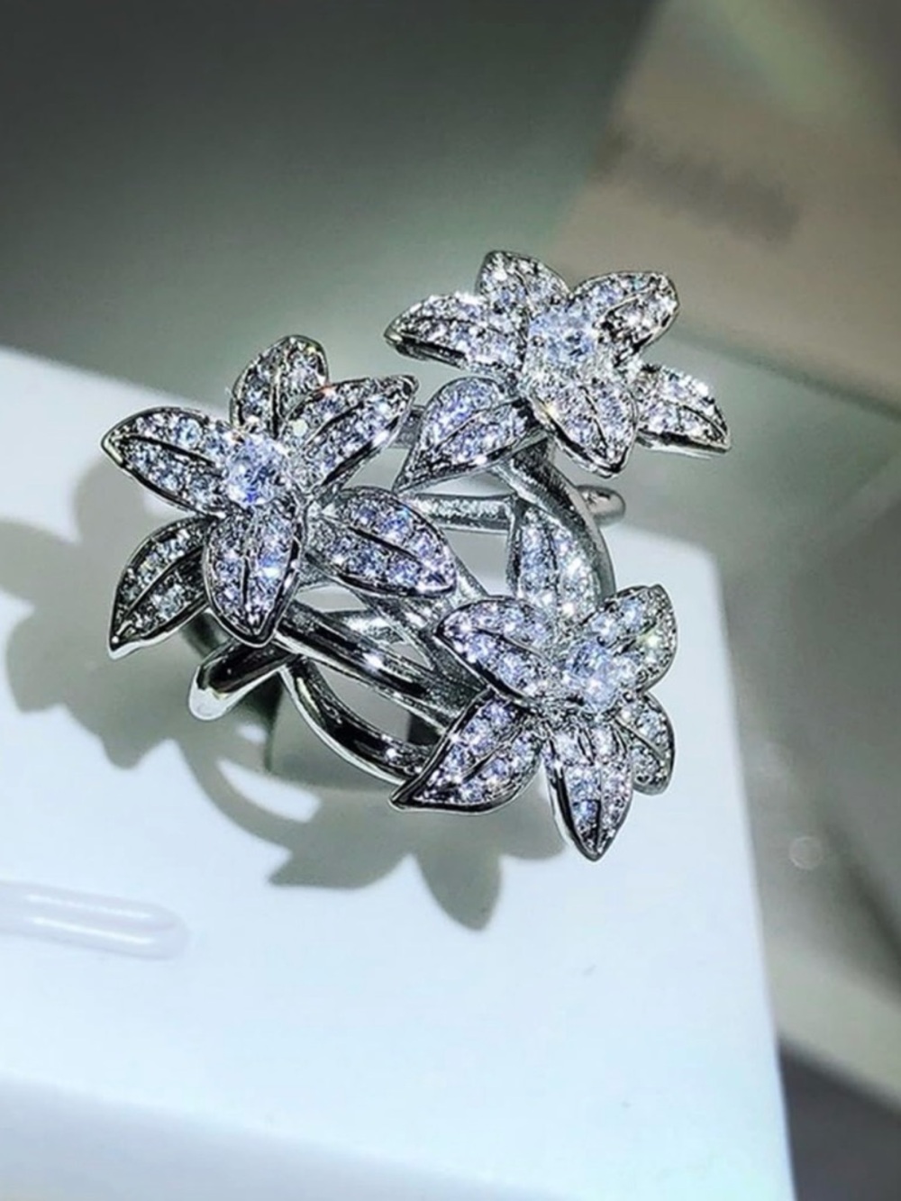 Silver Floral Triple Flower Ring with Clear CZ Crystals